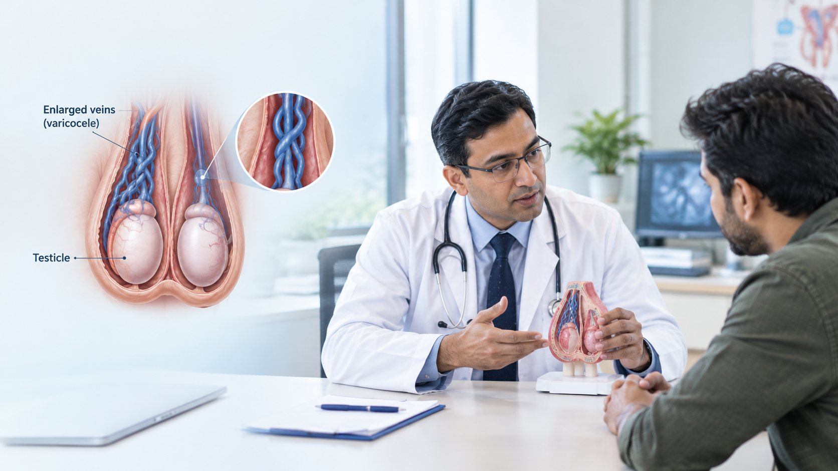 Medical illustration representing varicocele and enlarged scrotal veins