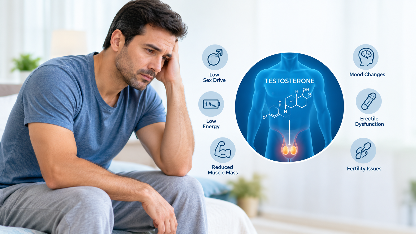 Low testosterone symptoms, causes and treatment in men