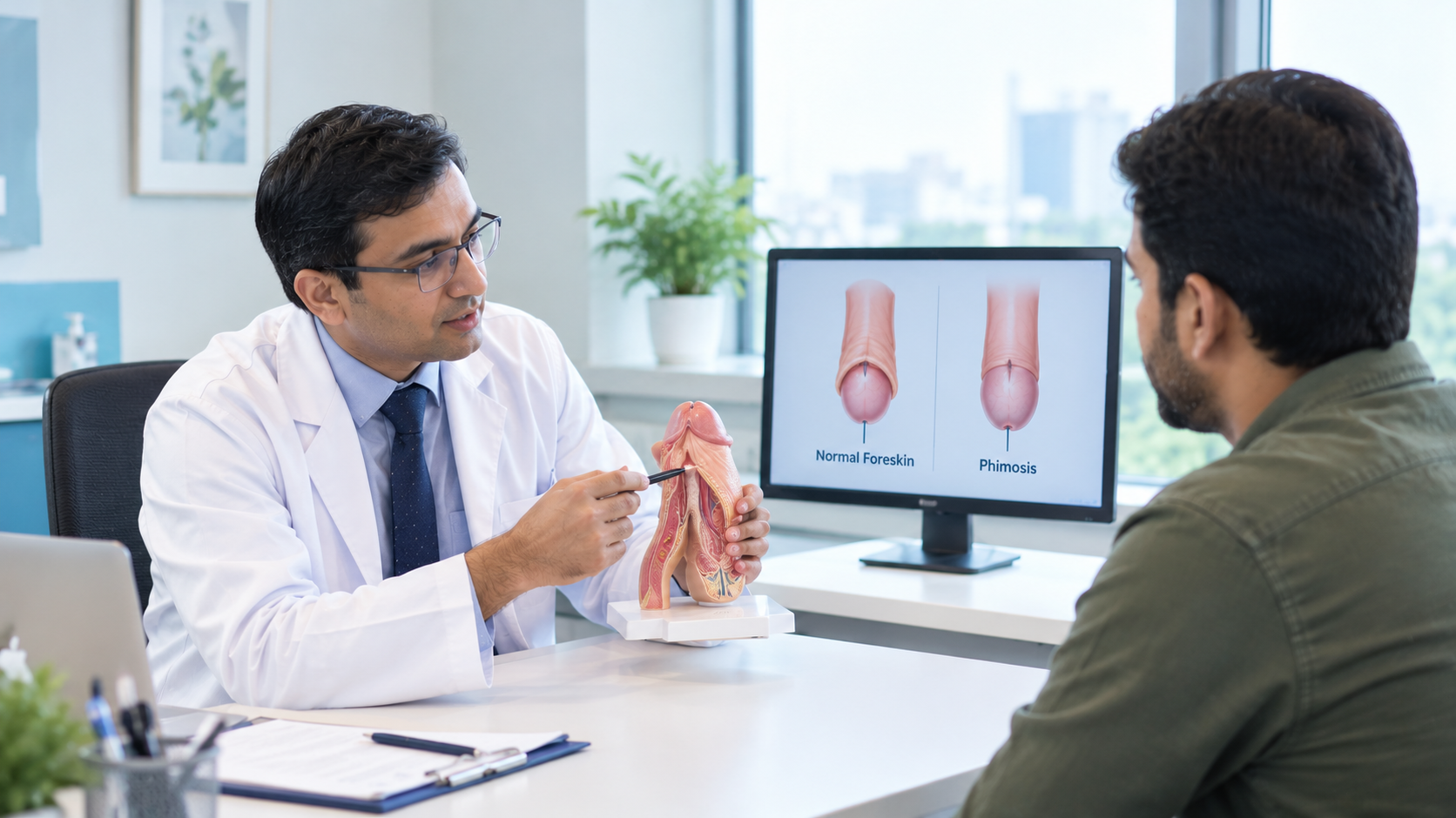 Medical illustration representing adult phimosis and tight foreskin